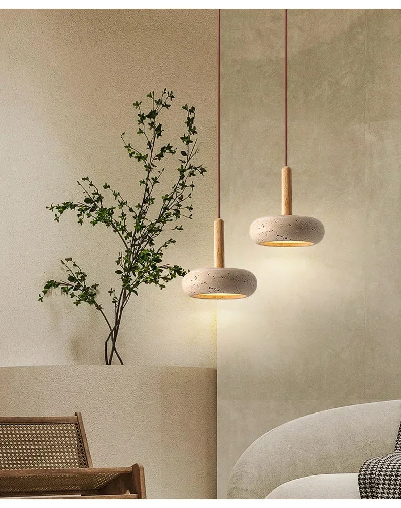 Suspension Galet Travertin & Bois – Minimalisme naturel, lumière douce