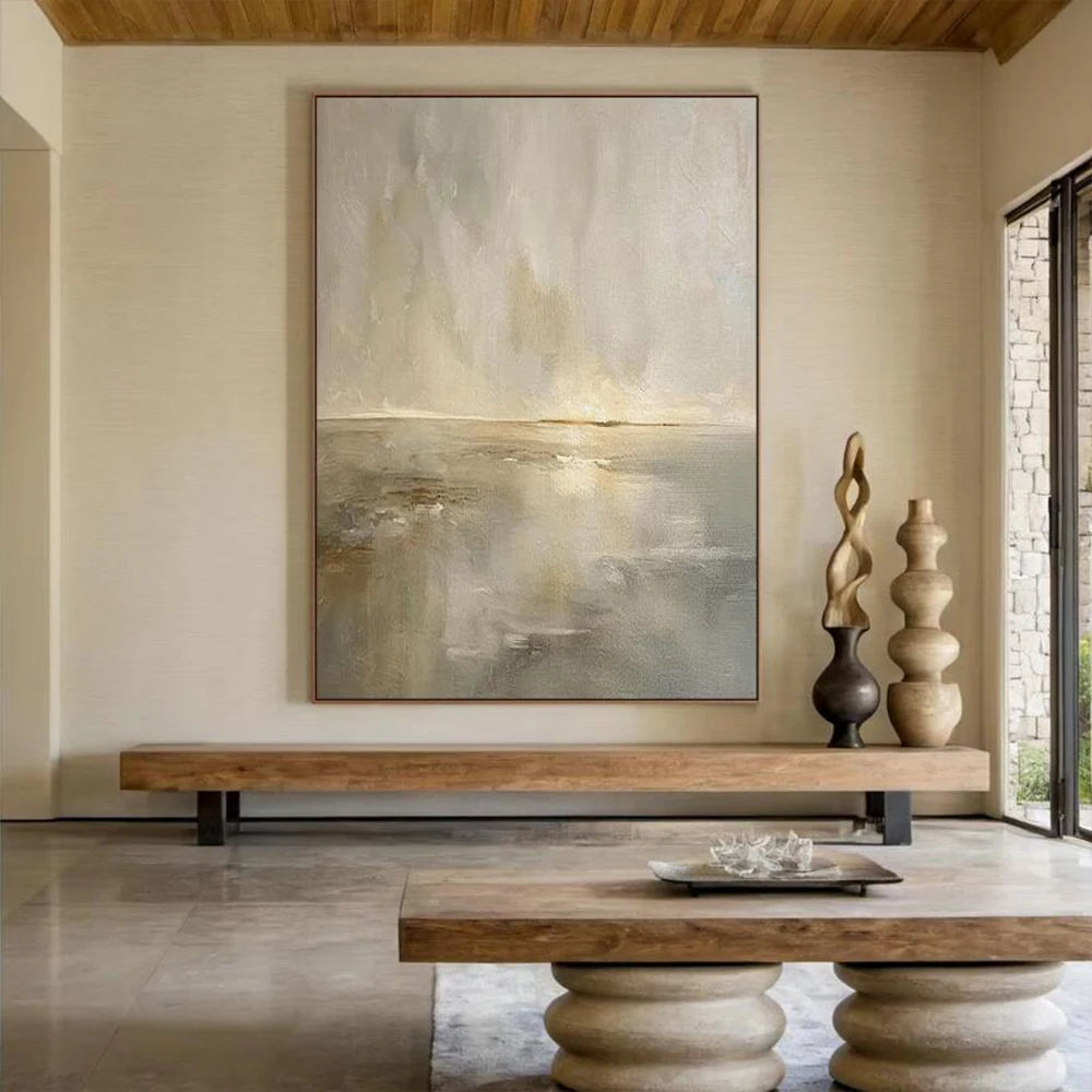 Tableau abstrait texturé – Art mural contemporain gris et or