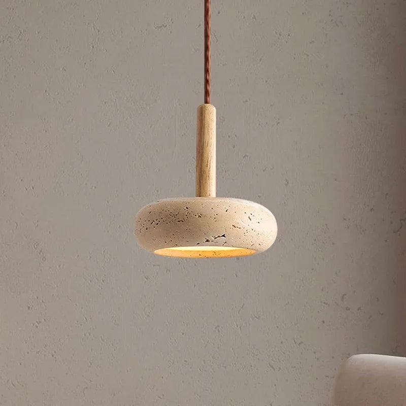 Suspension Galet Travertin & Bois – Minimalisme naturel, lumière douce