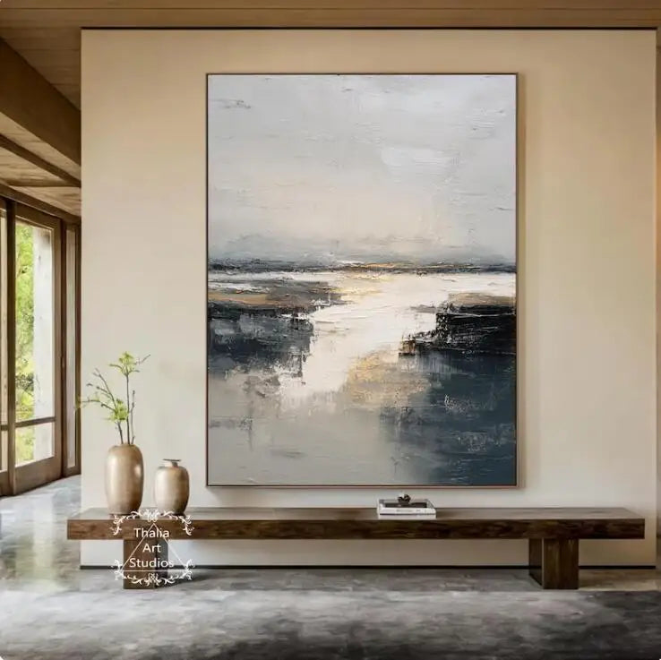 Tableau abstrait texturé – Art mural contemporain gris et or