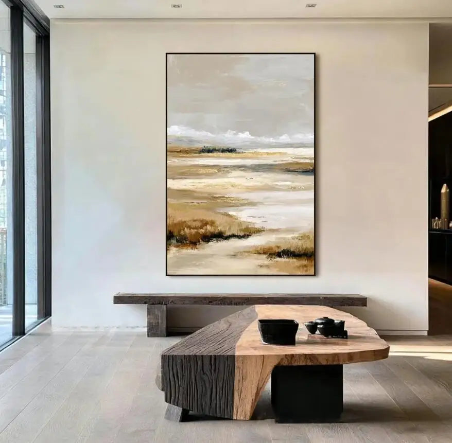 Tableau abstrait texturé – Art mural contemporain gris et or