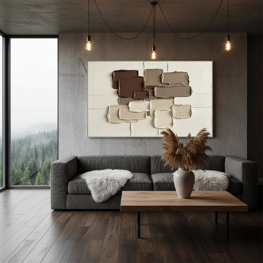 Tableau abstrait texturé sur toile – Décoration murale géométrique Wabi-Sabi