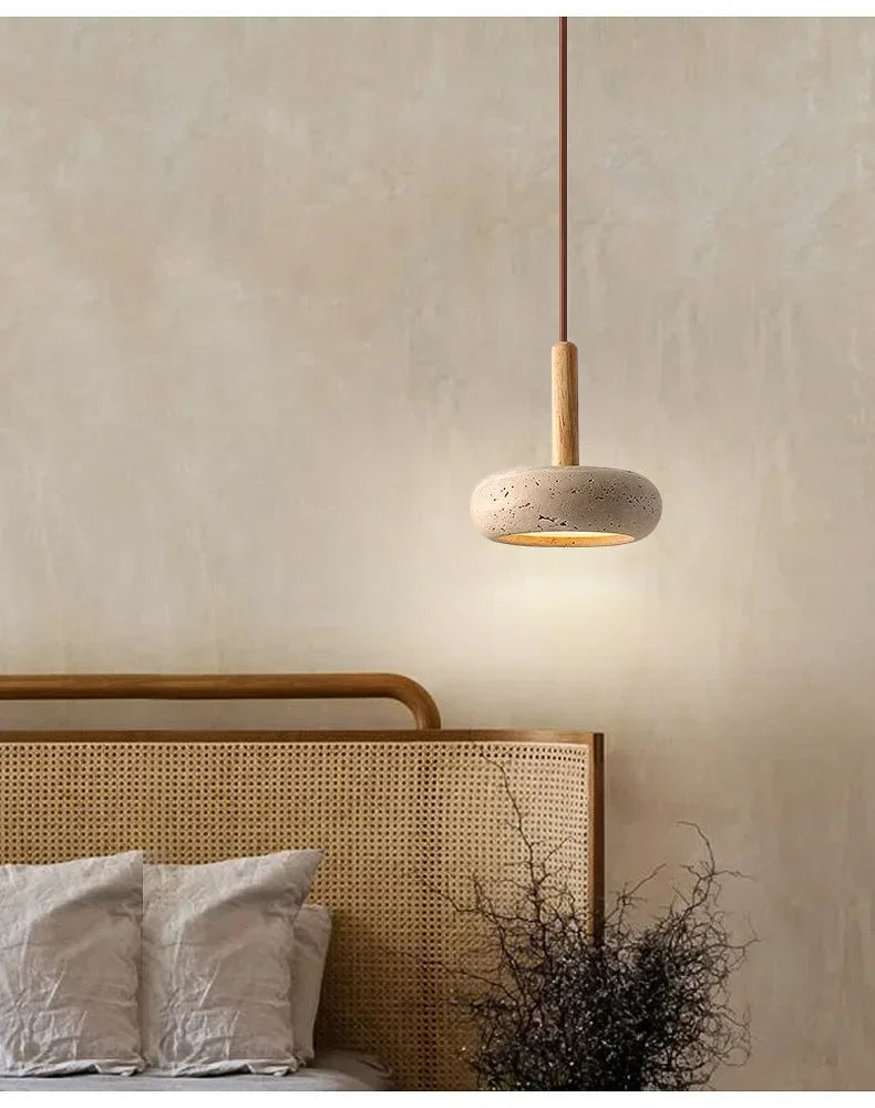 Suspension Galet Travertin & Bois – Minimalisme naturel, lumière douce