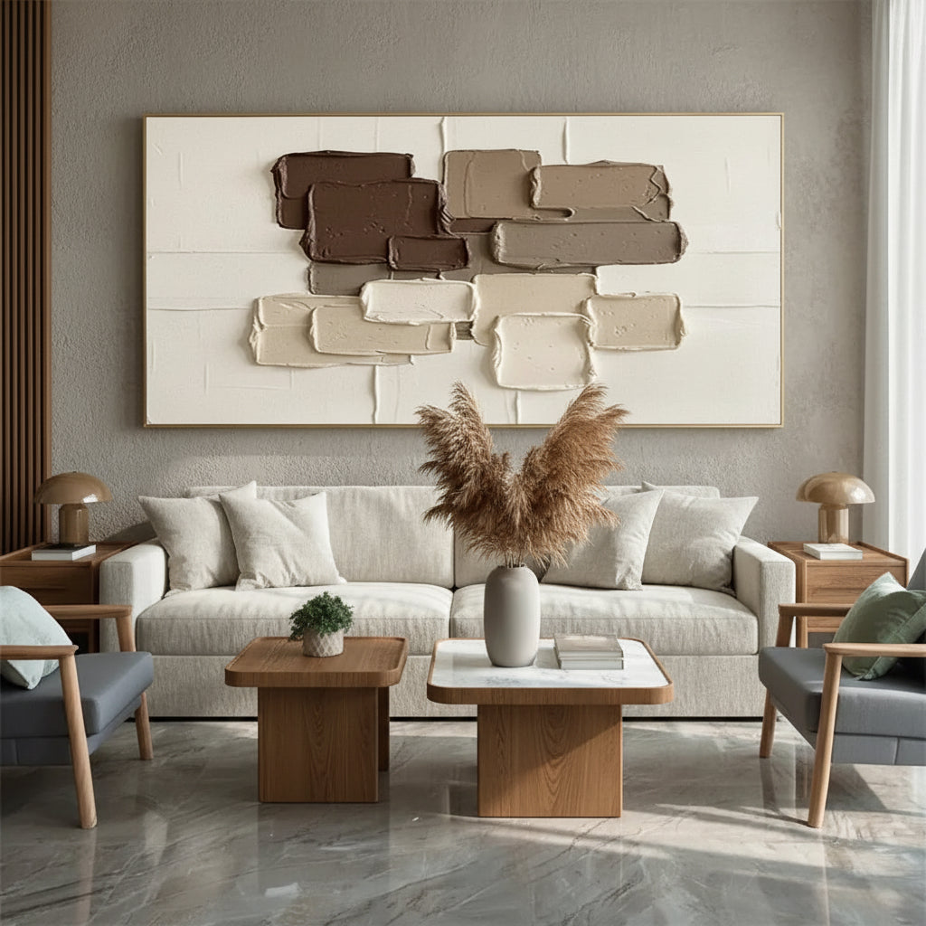 Tableau abstrait texturé sur toile – Décoration murale géométrique Wabi-Sabi