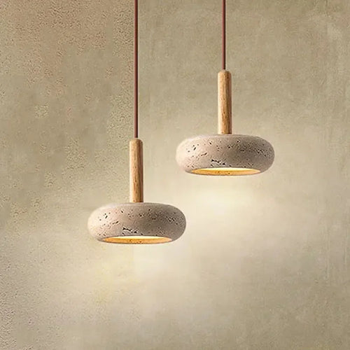 Suspension Galet Travertin & Bois – Minimalisme naturel, lumière douce