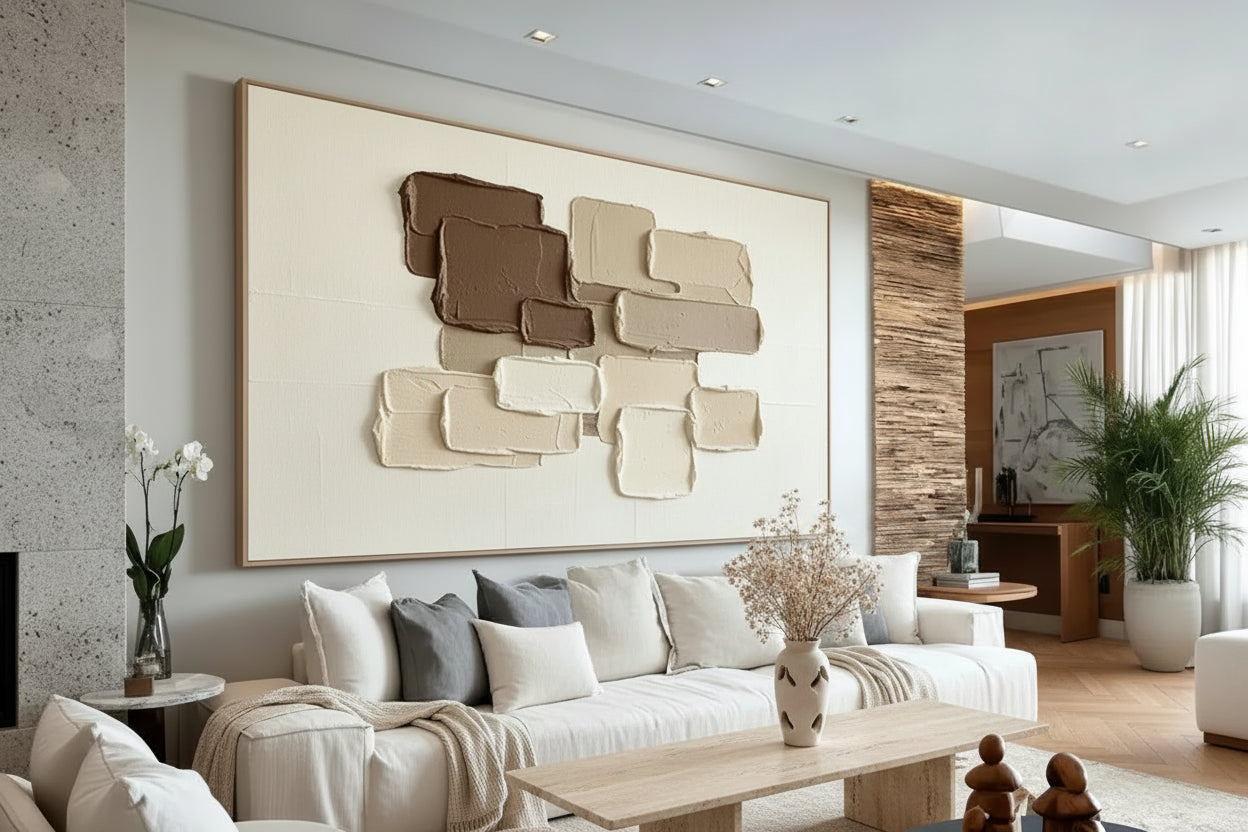 Tableau abstrait texturé sur toile – Décoration murale géométrique Wabi-Sabi
